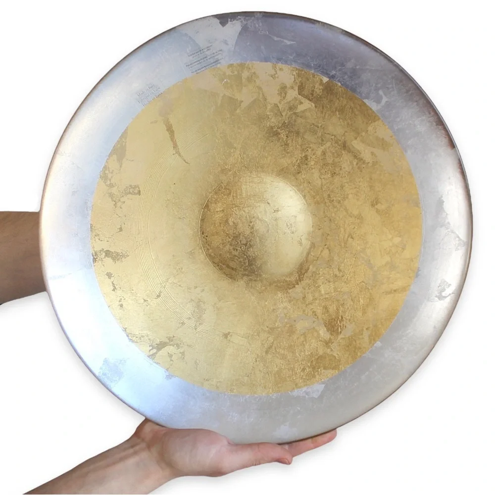 Italian Gold & Silver Leaf Glass Shallow Bowl / Platter Large Centerpiece 15.25”